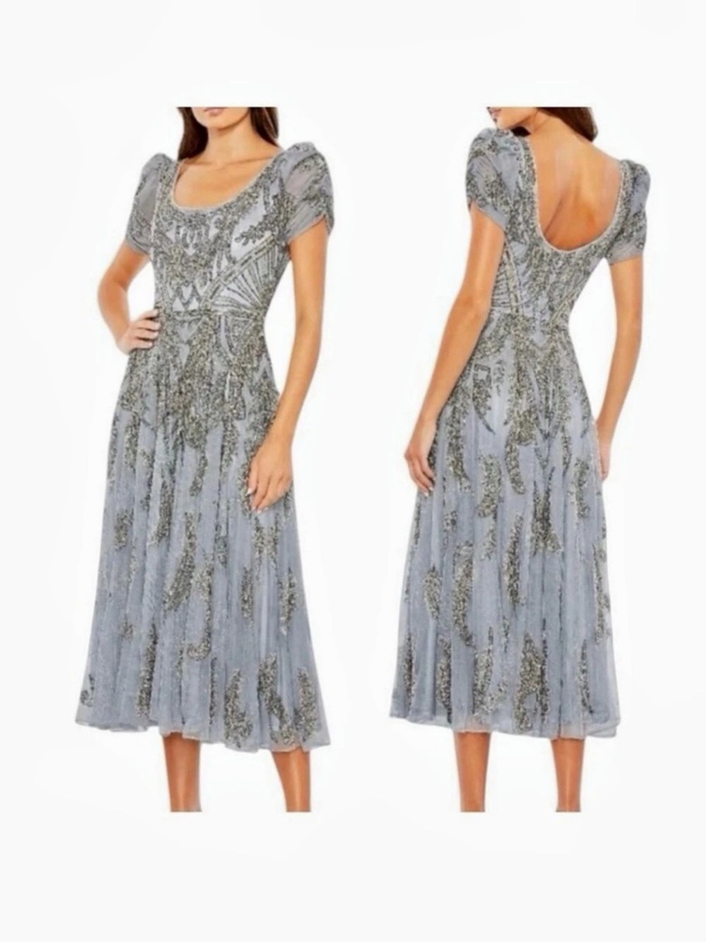 Size 16 MacDuggal Slate Blue/ Gray Beaded Cap Sleeve A line Midi Dress